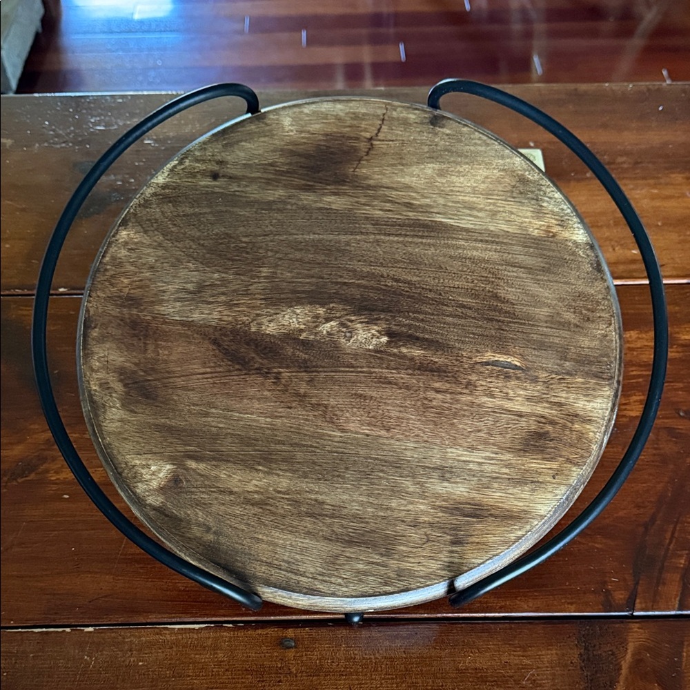Mary & Martha Round Wooden Serving/Display Tray with Black Handles